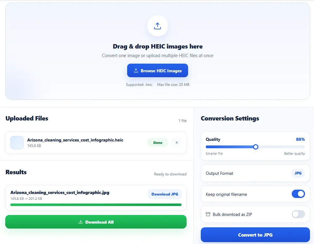 HEIC to JPG on Windows tool showing upload area, quality slider, JPG output and download options